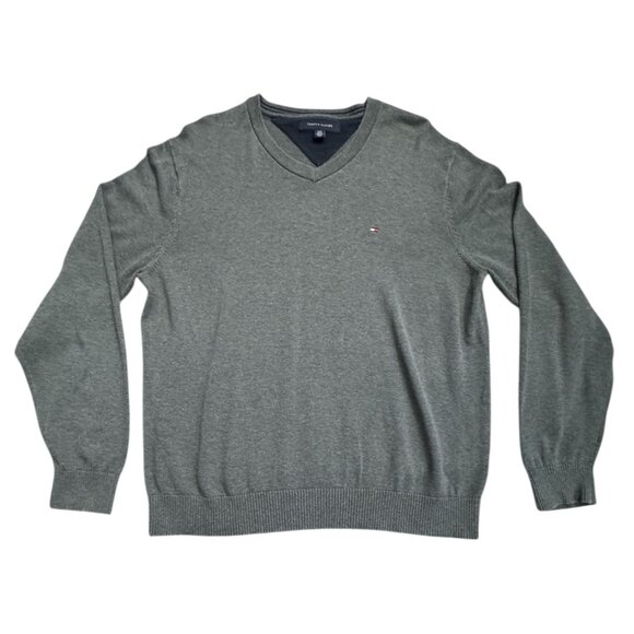 Tommy Hilfiger Jumper Tight Knit Melange V-Neck Pullover Sweater Gray Mens Large - Picture 2 of 6